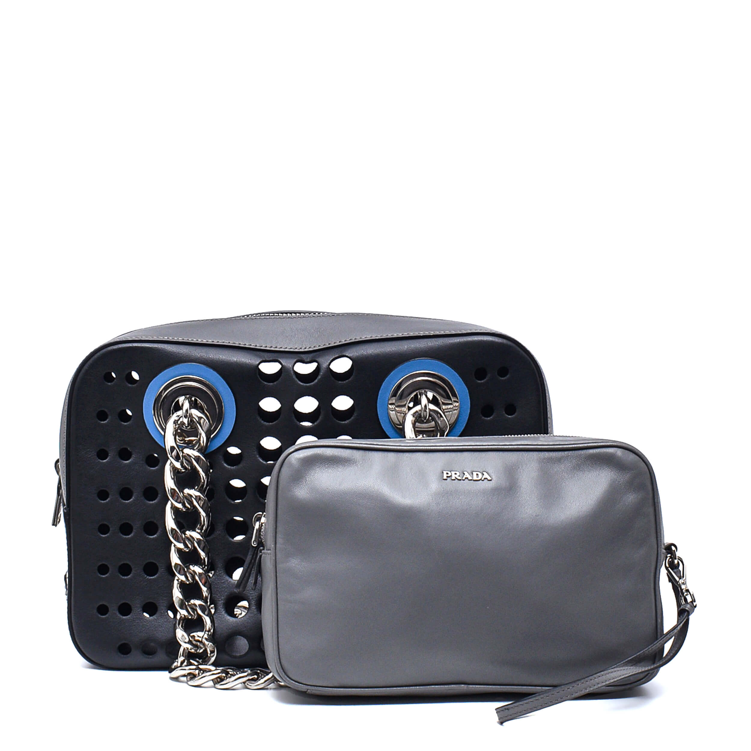 Prada - Black&Grey Perforated Leather Bauletto City Fori Chain Shoulder Bag with Pouch